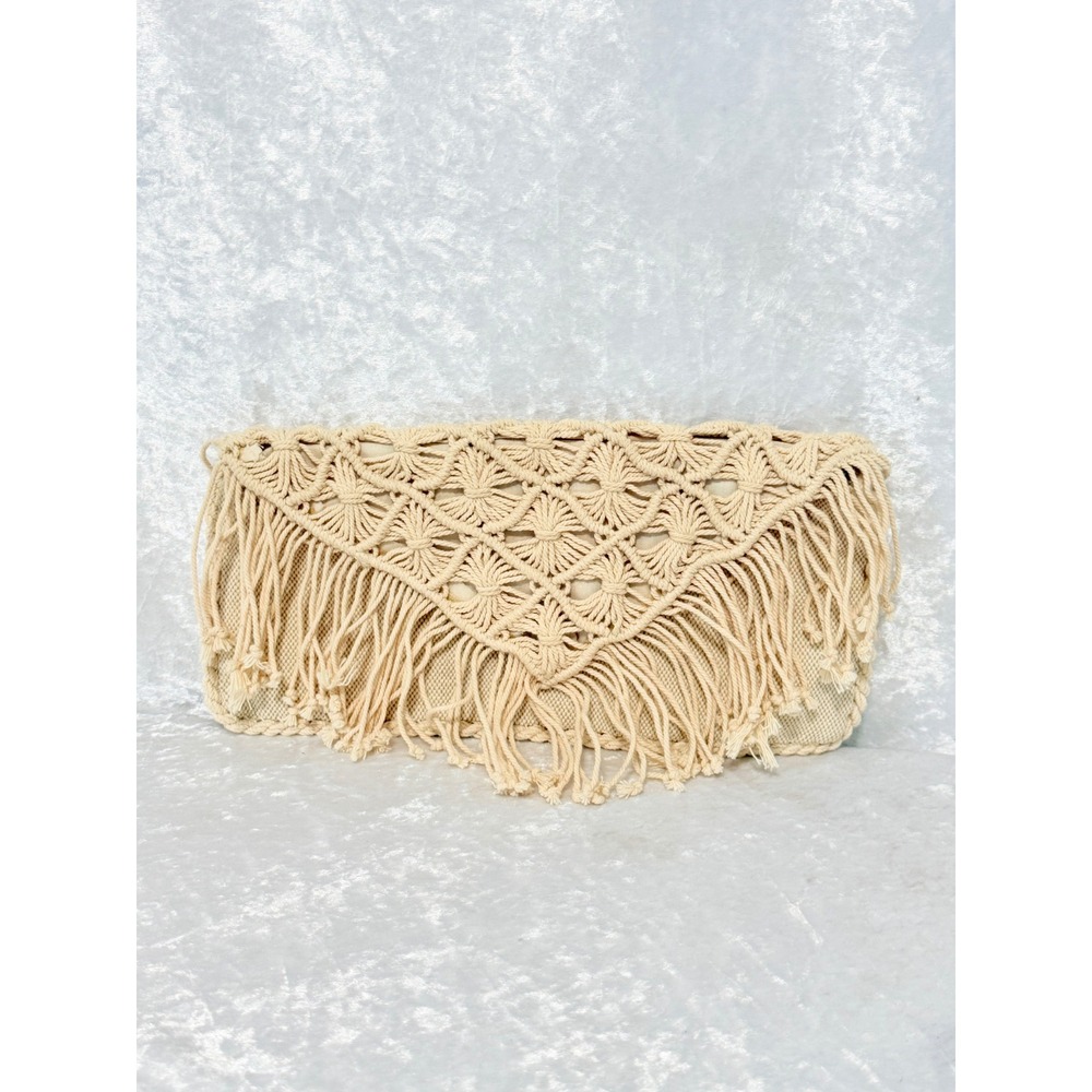 American Eagle Outfitters Cream Macrame Fringe Boho Clutch Bag Neutral Woven New